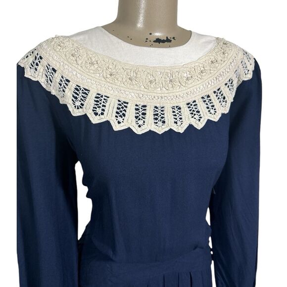 Vintage 80s Kathy Lee Victorian Style Modest Maxi Dress Sz 12 Prairie Navy Blue - Picture 2 of 6